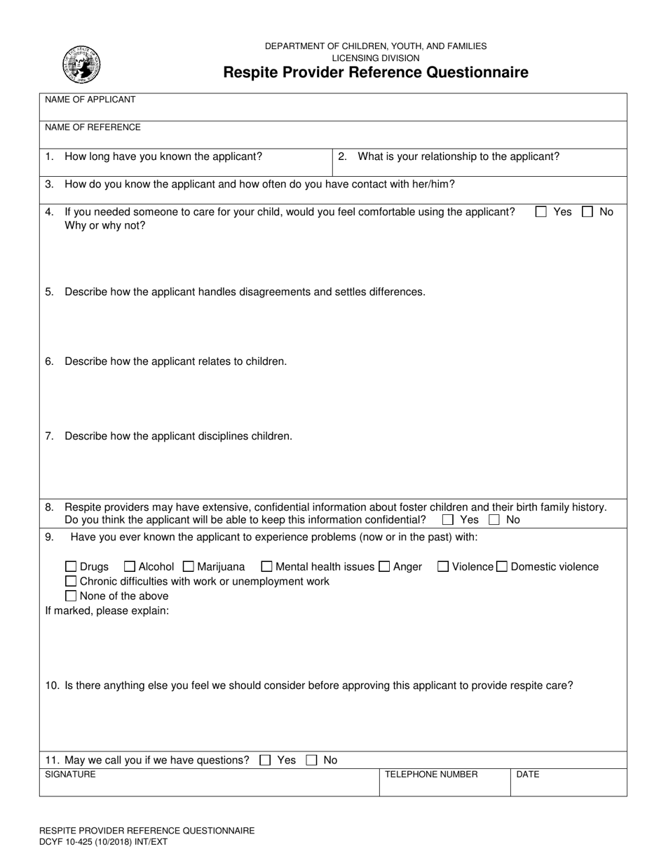 DCYF Form 10-425 Respite Provider Reference Questionnaire - Washington, Page 1