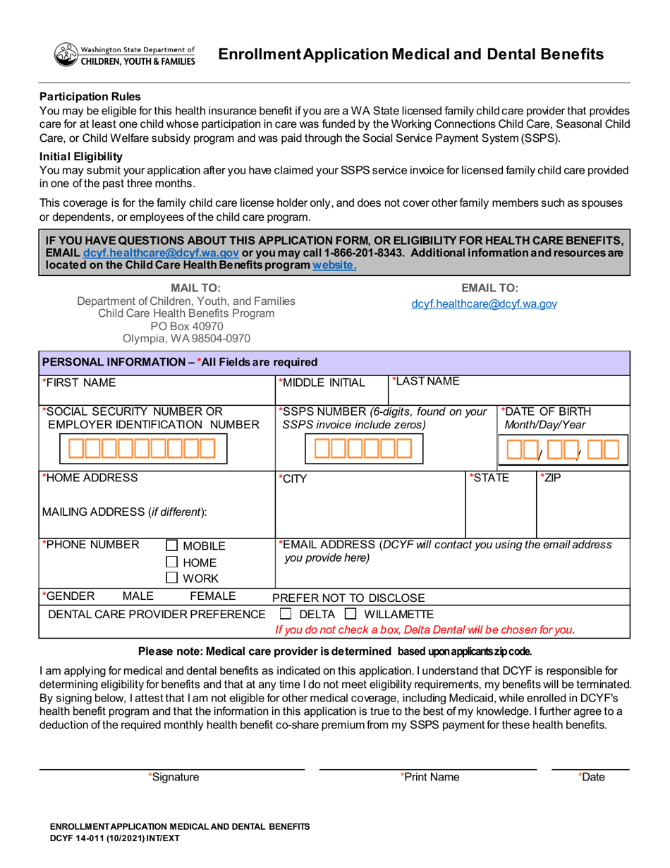 DCYF Form 14-011 Enrollment Application Medical and Dental Benefits - Washington, Page 1