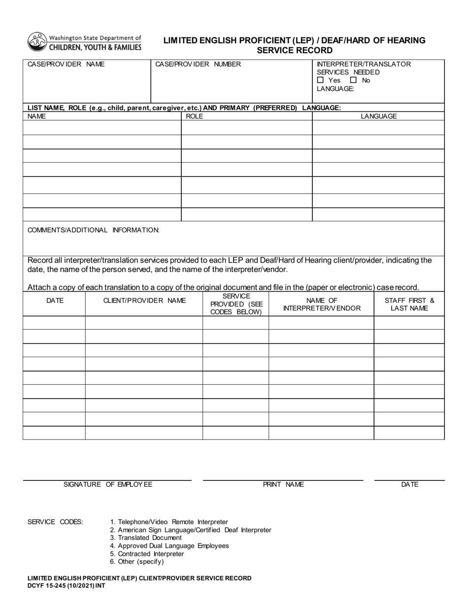 DCYF Form 15-245 Limited English Proficient (Lep) / Deaf / Hard of Hearing Service Record - Washington, Page 1