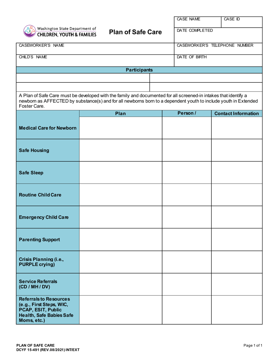 DCYF Form 15-491 Plan of Safe Care - Washington, Page 1