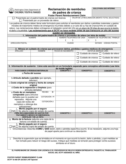 DCYF Formulario 18-400 Reclamacion De Reembolso De Padres De Crianza - Washington (Spanish)