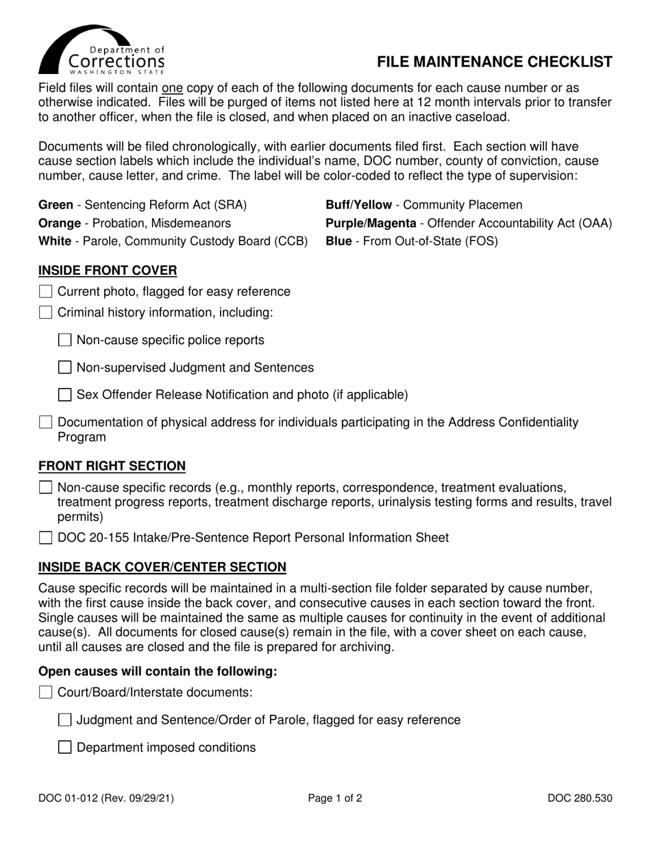 Form DOC01-012 File Maintenance Checklist - Washington, Page 1