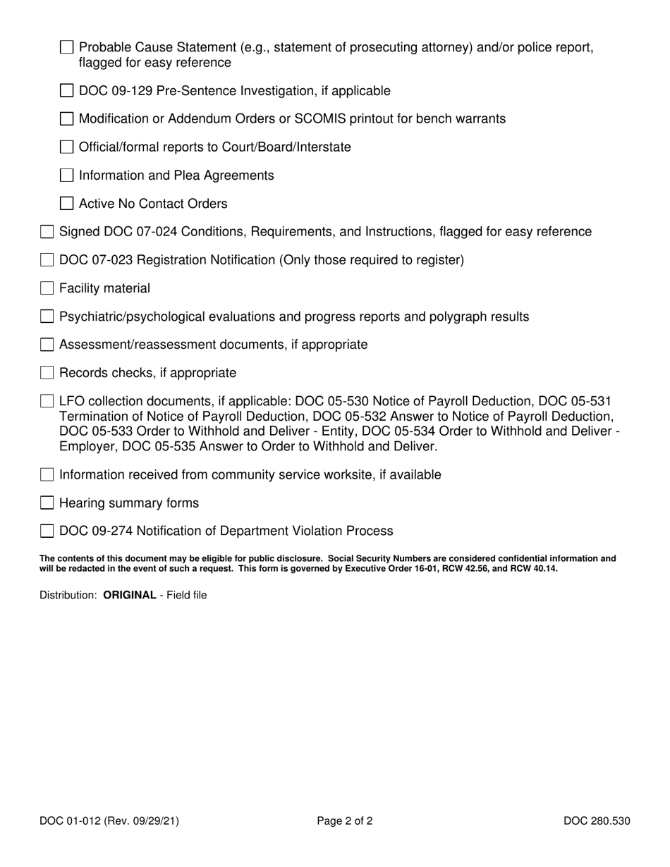 Form DOC01-012 File Maintenance Checklist - Washington, Page 2