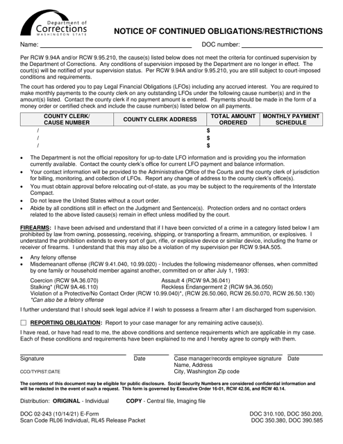 Form DOC02-243 Notice of Continued Obligations/Restrictions - Washington