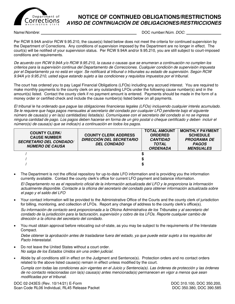 Form DOC02-243ES Notice of Continued Obligations / Restrictions - Washington (English / Spanish), Page 1