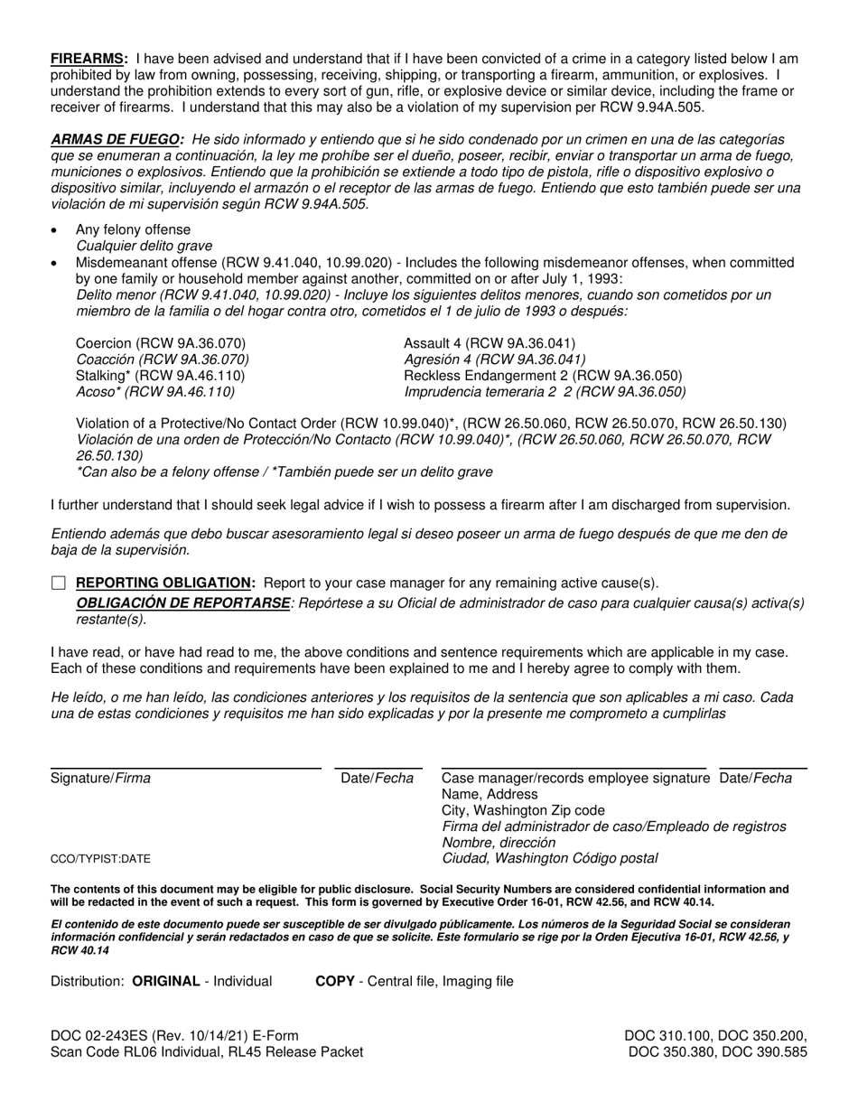 Form DOC02-243ES Notice of Continued Obligations / Restrictions - Washington (English / Spanish), Page 2