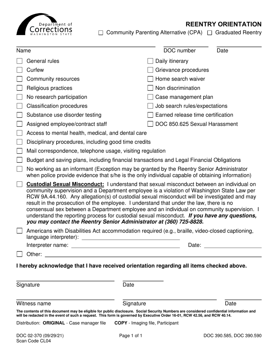 Form DOC02-370 Download Printable PDF or Fill Online Reentry ...