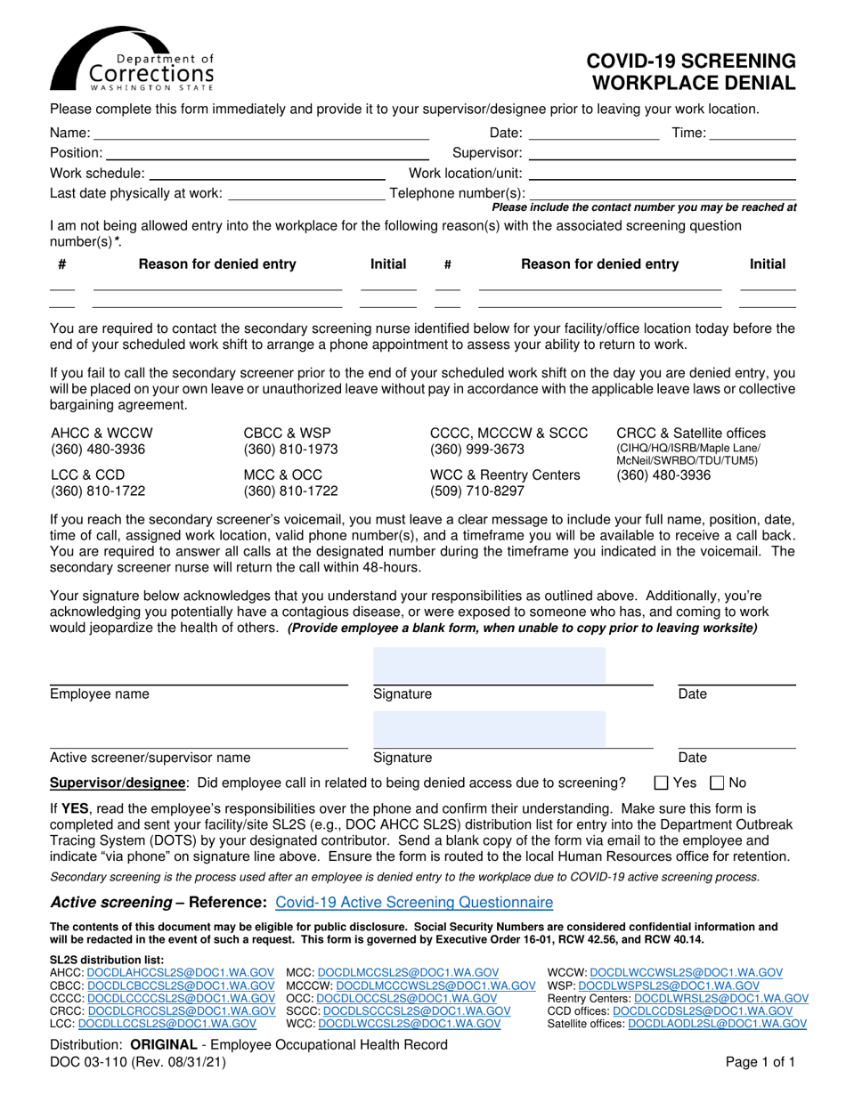 Form DOC03-110 Covid-19 Screening Workplace Denial - Washington, Page 1