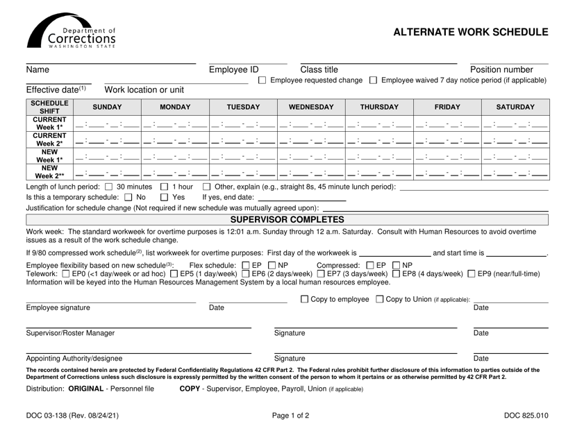 Form DOC03-138 Alternate Work Schedule - Washington