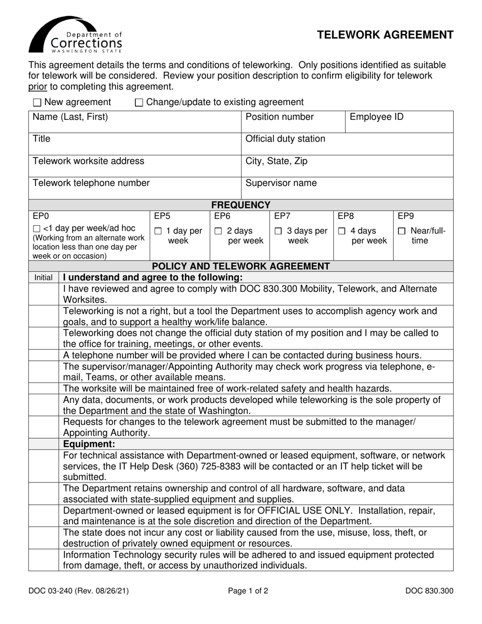 Form DOC03-240 Telework Agreement - Washington, Page 1