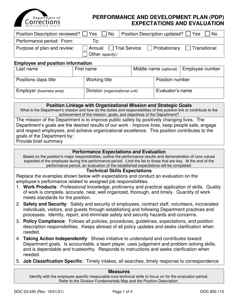 Form DOC03-430 Performance and Development Plan (Pdp) Expectations and Evaluation - Washington, Page 1