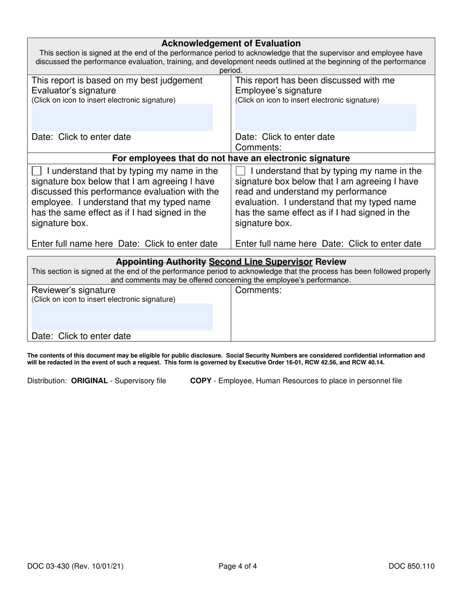 Form DOC03-430 Performance and Development Plan (Pdp) Expectations and Evaluation - Washington, Page 4
