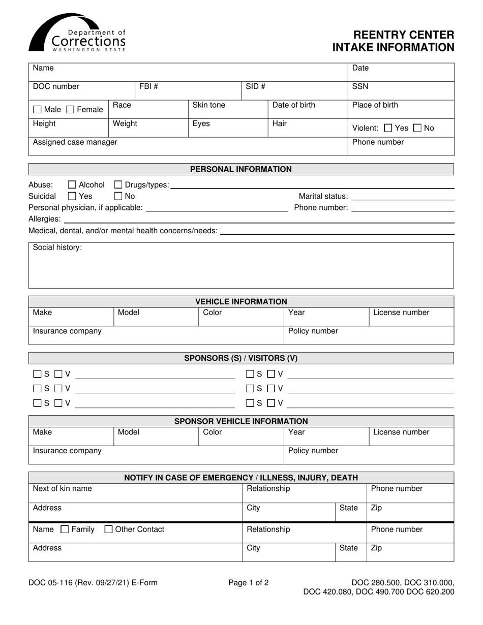 Form DOC05-116 Reentry Center Intake Information - Washington, Page 1