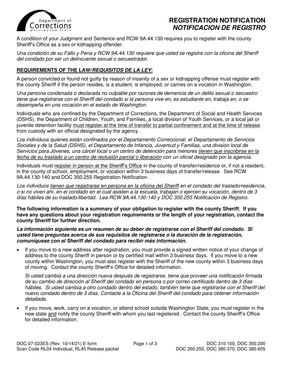 Form DOC07-023ES Registration Notification - Washington (English / Spanish), Page 1