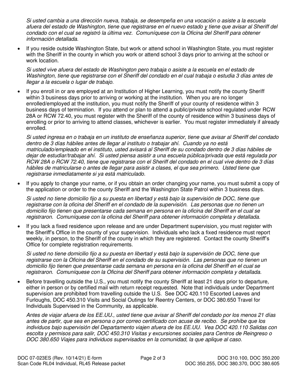 Form DOC07-023ES Registration Notification - Washington (English / Spanish), Page 2