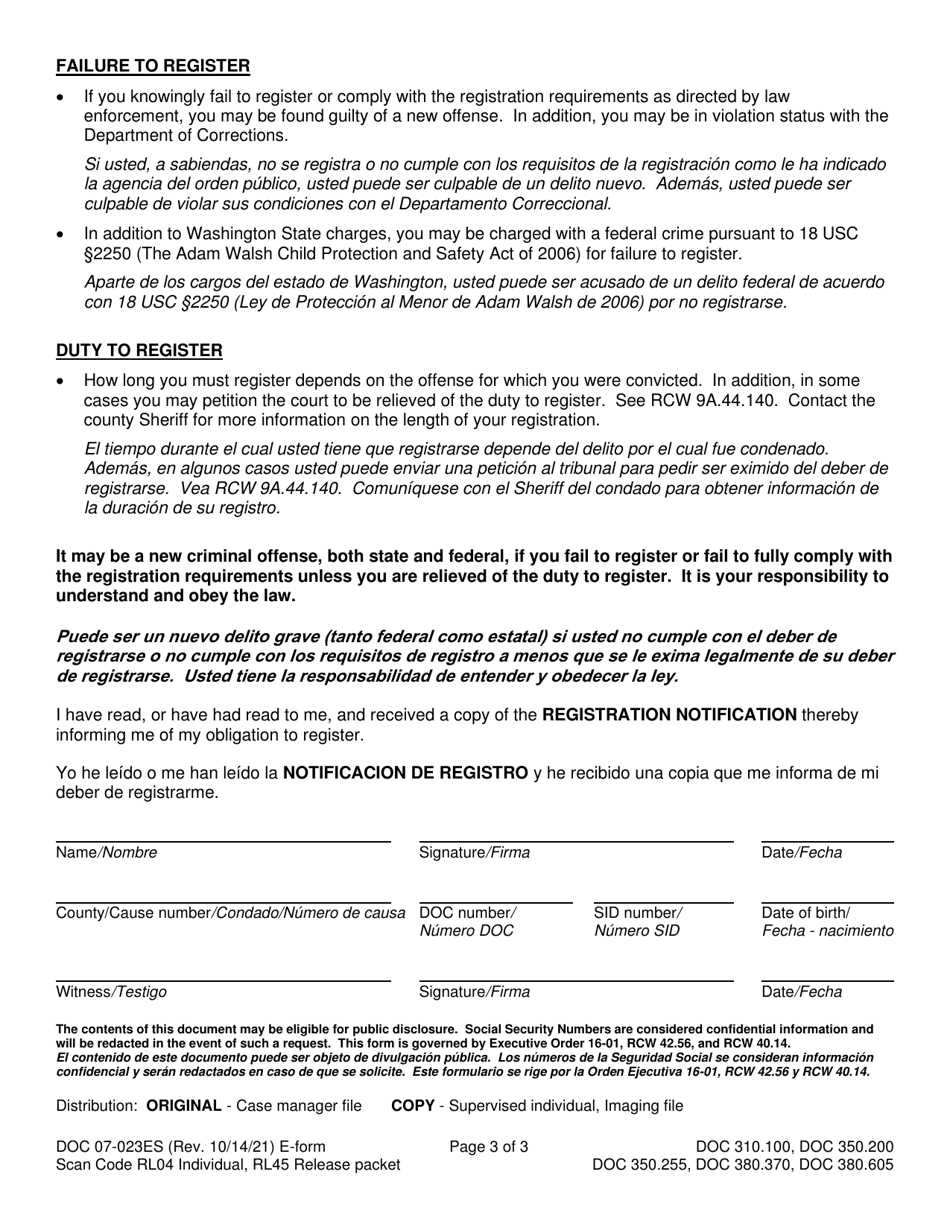 Form DOC07-023ES Registration Notification - Washington (English / Spanish), Page 3