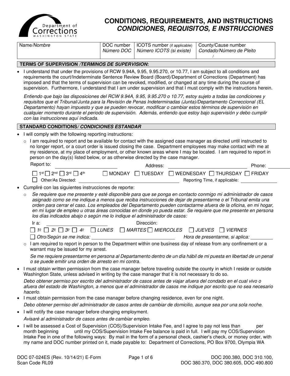 Form DOC07-024ES Conditions, Requirements, and Instructions - Washington (English / Spanish), Page 1