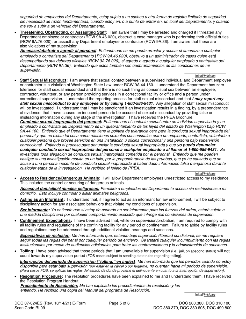 Form DOC07-024ES Conditions, Requirements, and Instructions - Washington (English / Spanish), Page 5