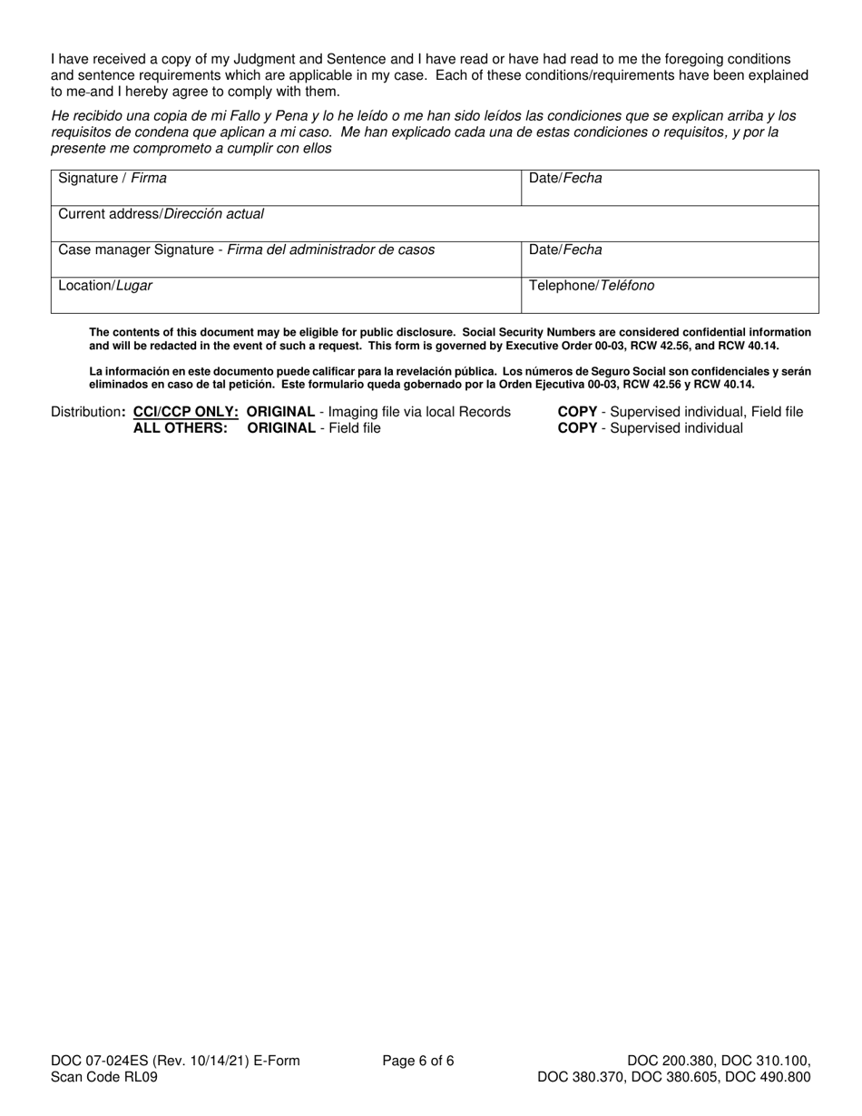 Form DOC07-024ES Conditions, Requirements, and Instructions - Washington (English / Spanish), Page 6