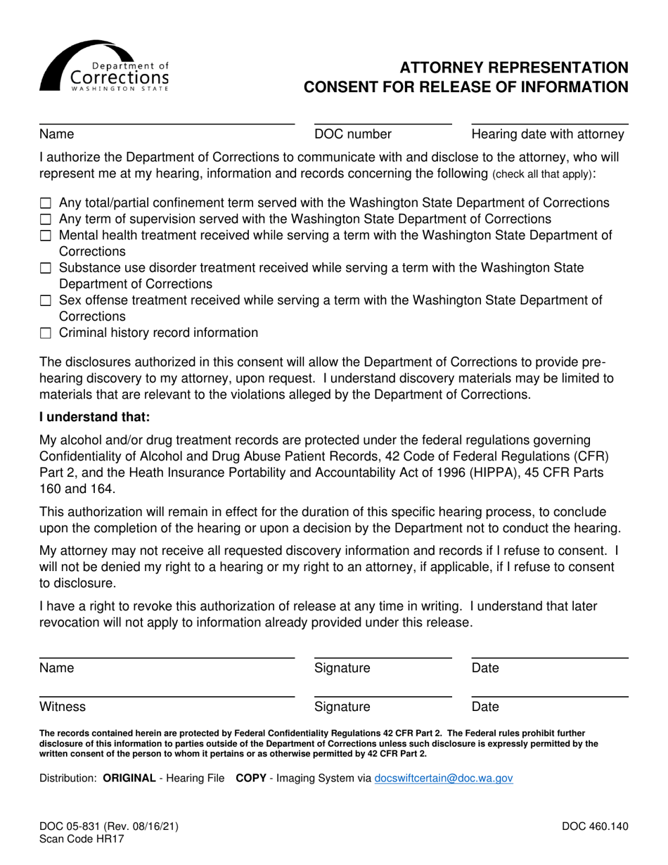 Form DOC05-831 Attorney Representation - Consent for Release of Information - Washington, Page 1