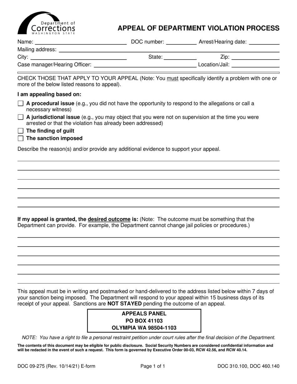 Form DOC09-275 Appeal of Department Violation Process - Washington, Page 1