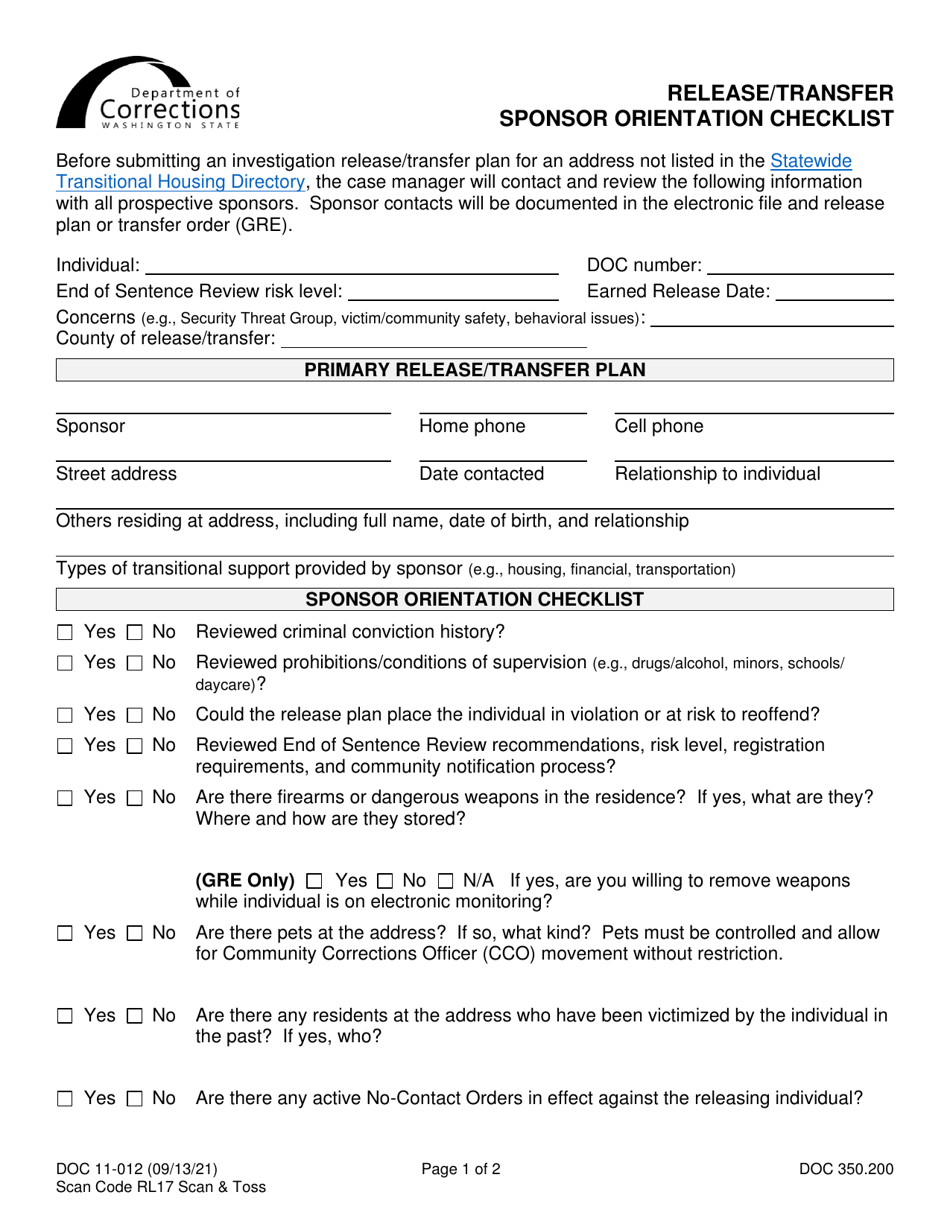 Form DOC11-012 Release / Transfer Sponsor Orientation Checklist - Washington, Page 1