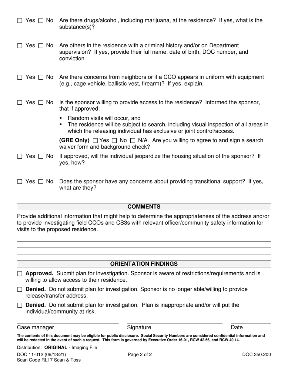 Form DOC11-012 Release / Transfer Sponsor Orientation Checklist - Washington, Page 2