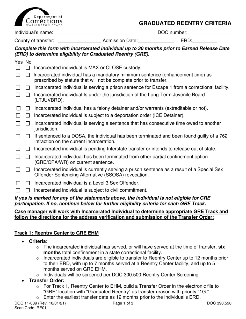 Form DOC11-039 Graduated Reentry Criteria - Washington, Page 1