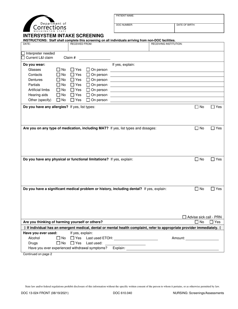 Form DOC13-024 Intersystem Intake Screening - Washington, Page 1