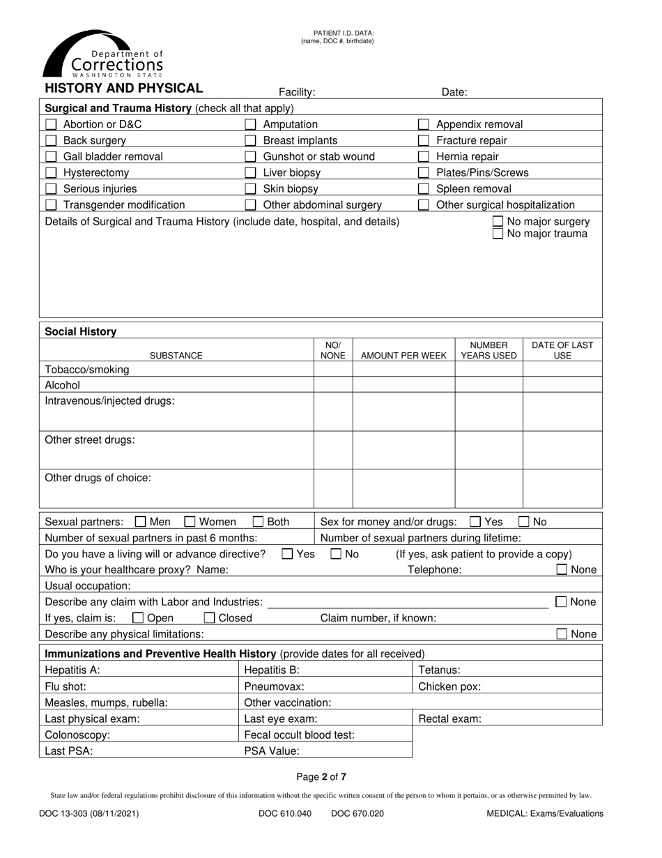 Form DOC13-303 History and Physical - Washington, Page 2