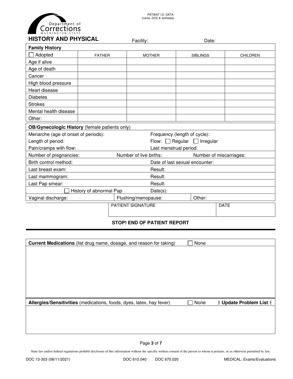 Form DOC13-303 History and Physical - Washington, Page 3