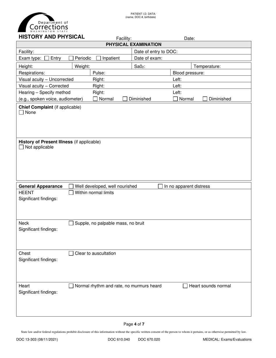 Form DOC13-303 History and Physical - Washington, Page 4