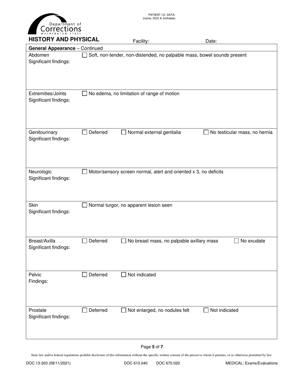 Form DOC13-303 History and Physical - Washington, Page 5