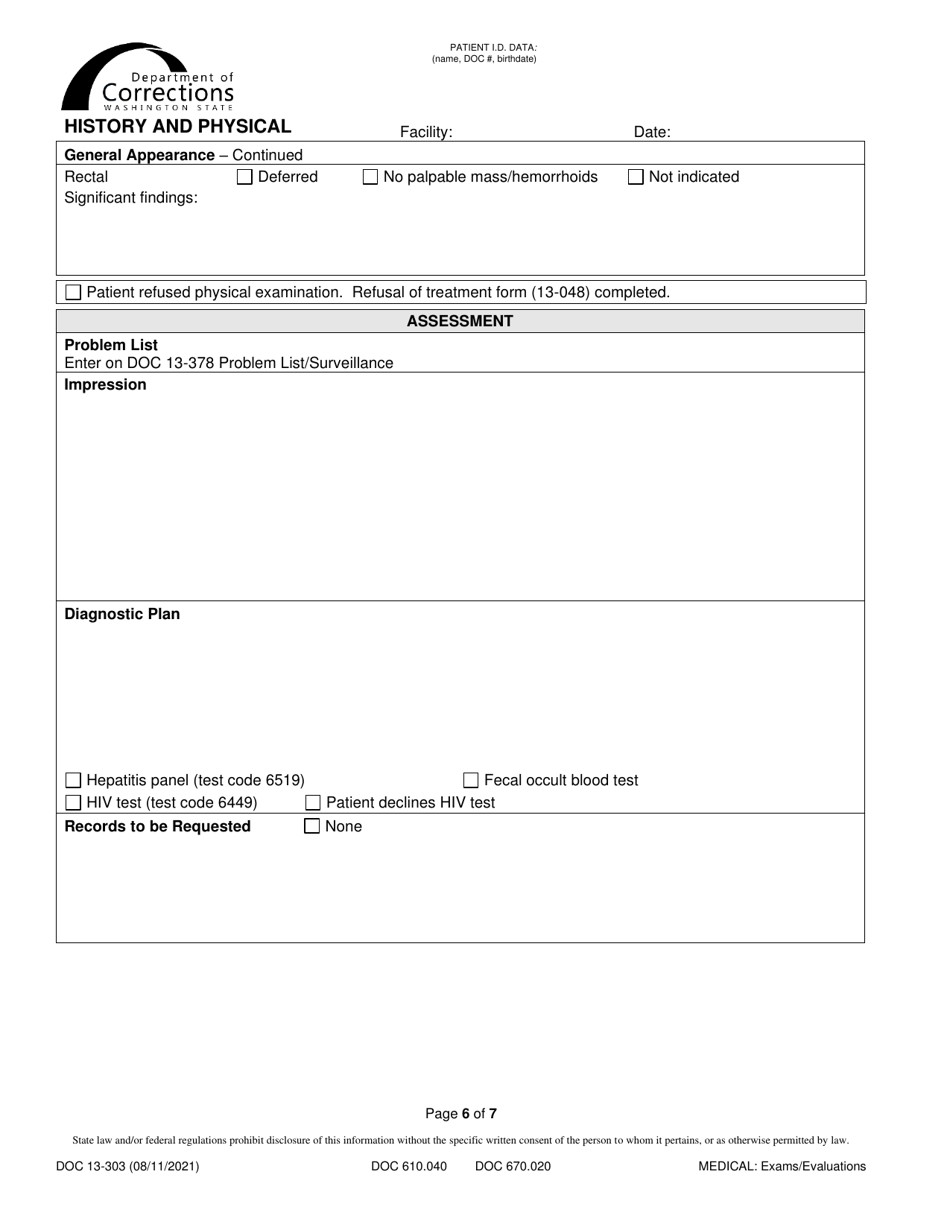 Form DOC13-303 History and Physical - Washington, Page 6