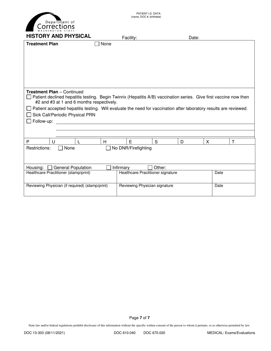 Form DOC13-303 History and Physical - Washington, Page 7