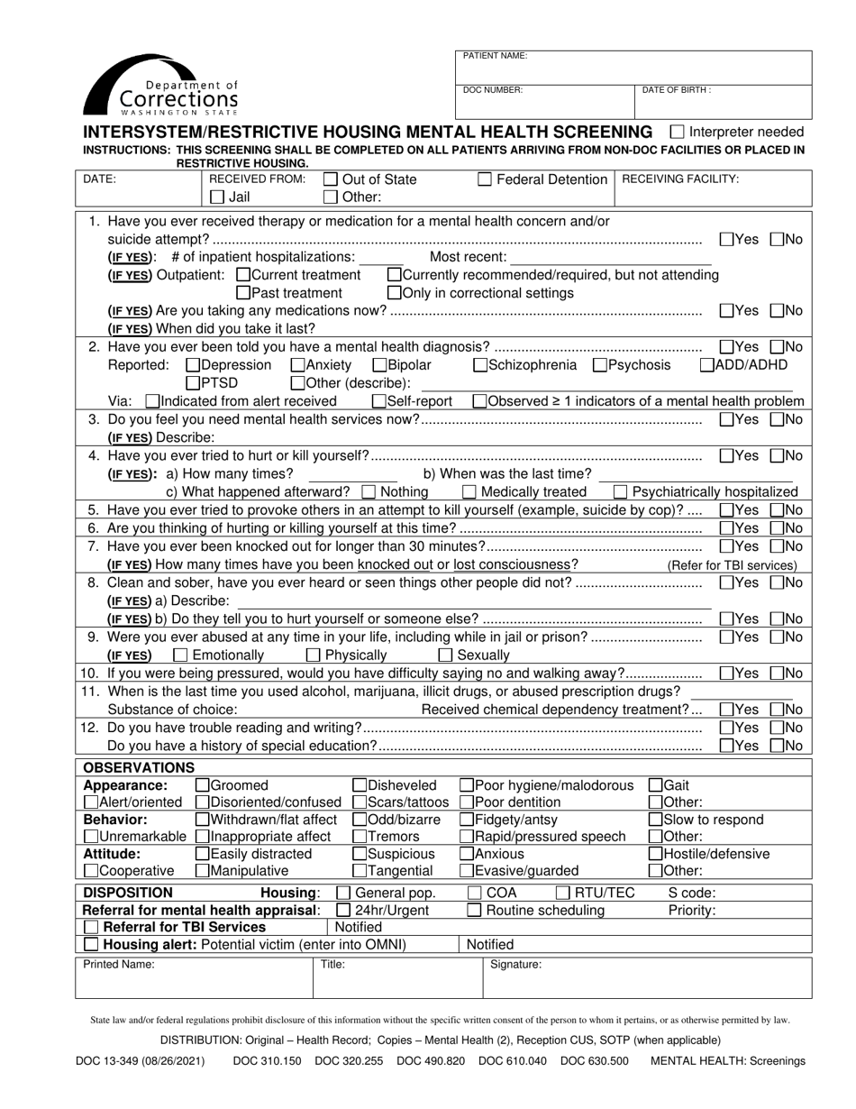 Form DOC13-349 Intersystem / Restrictive Housing Mental Health Screening - Washington, Page 1