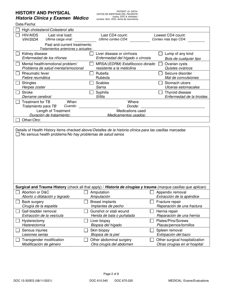 Form DOC13-303ES History and Physical - Washington (English / Spanish), Page 2