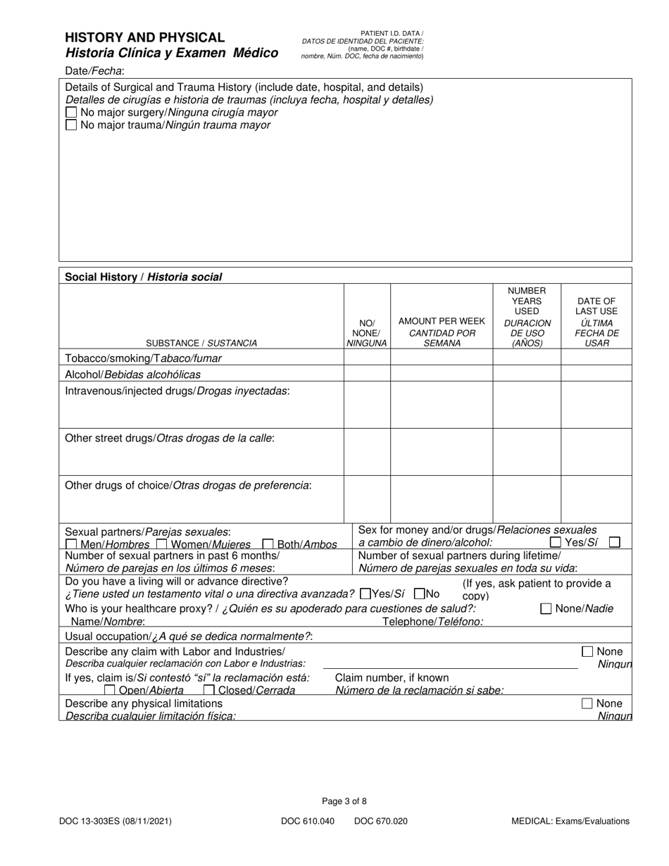 Form DOC13-303ES History and Physical - Washington (English / Spanish), Page 3