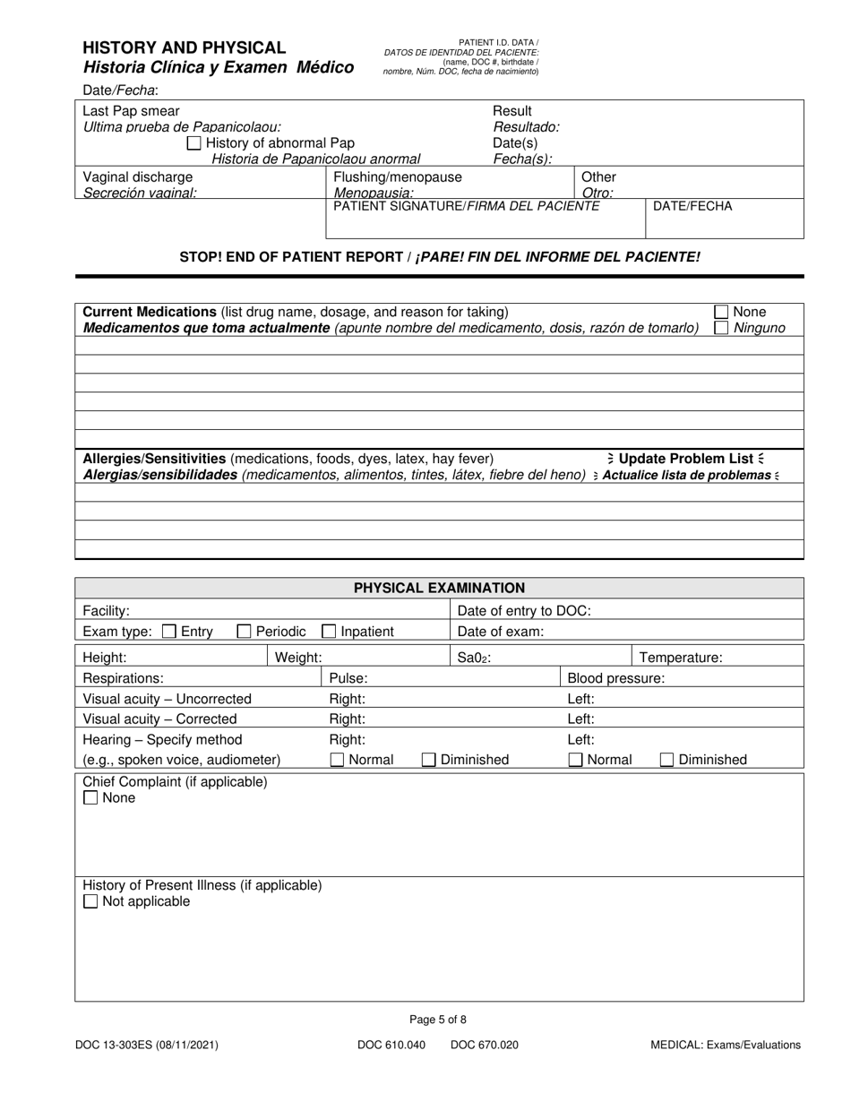 Form DOC13-303ES History and Physical - Washington (English / Spanish), Page 5
