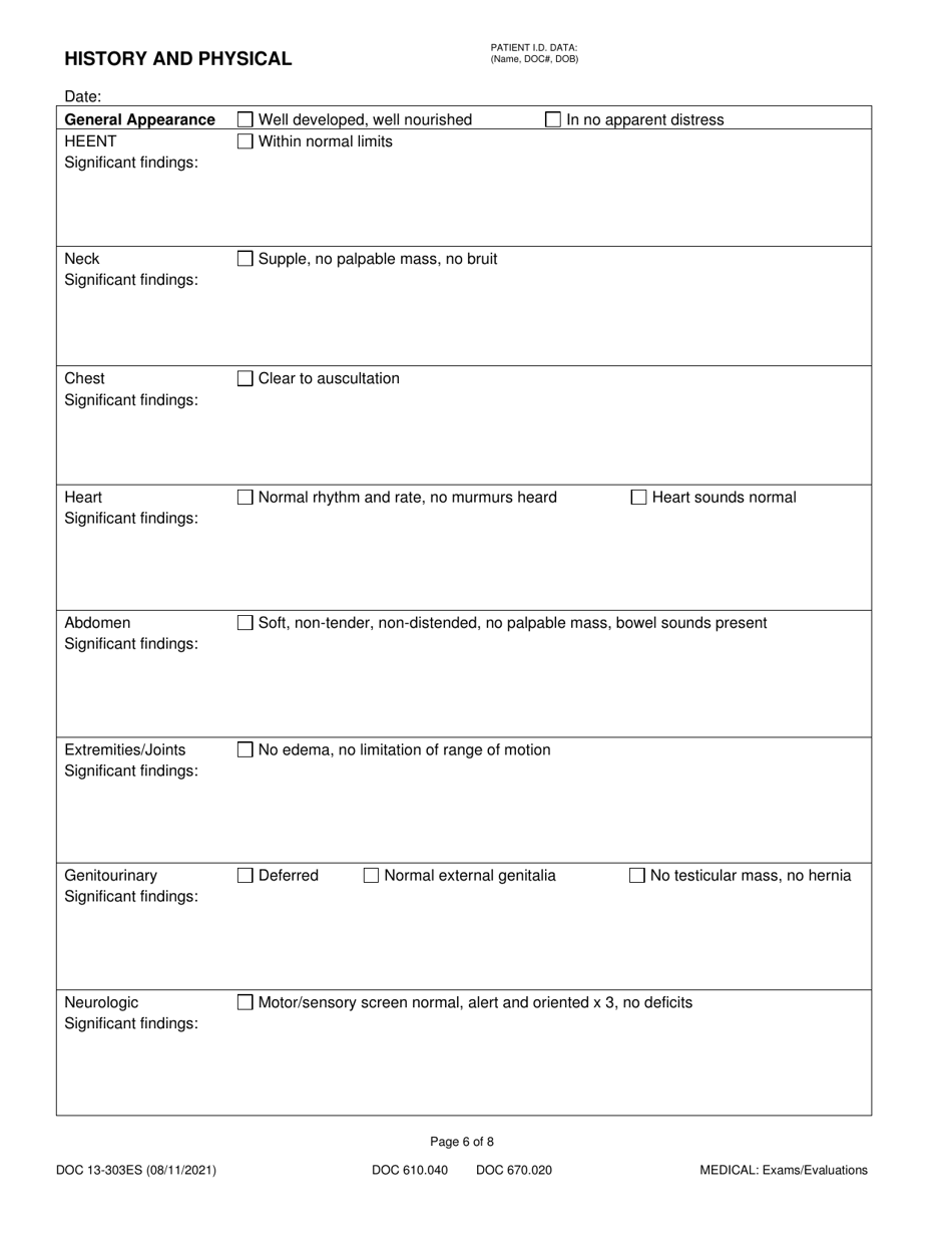Form DOC13-303ES History and Physical - Washington (English / Spanish), Page 6