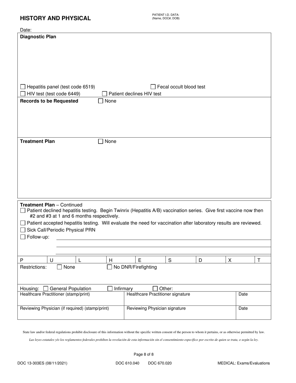 Form DOC13-303ES History and Physical - Washington (English / Spanish), Page 8