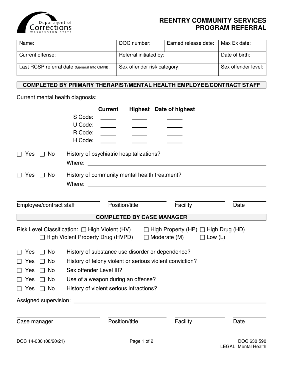 Form DOC14-030 Reentry Community Services Program Referral - Washington, Page 1