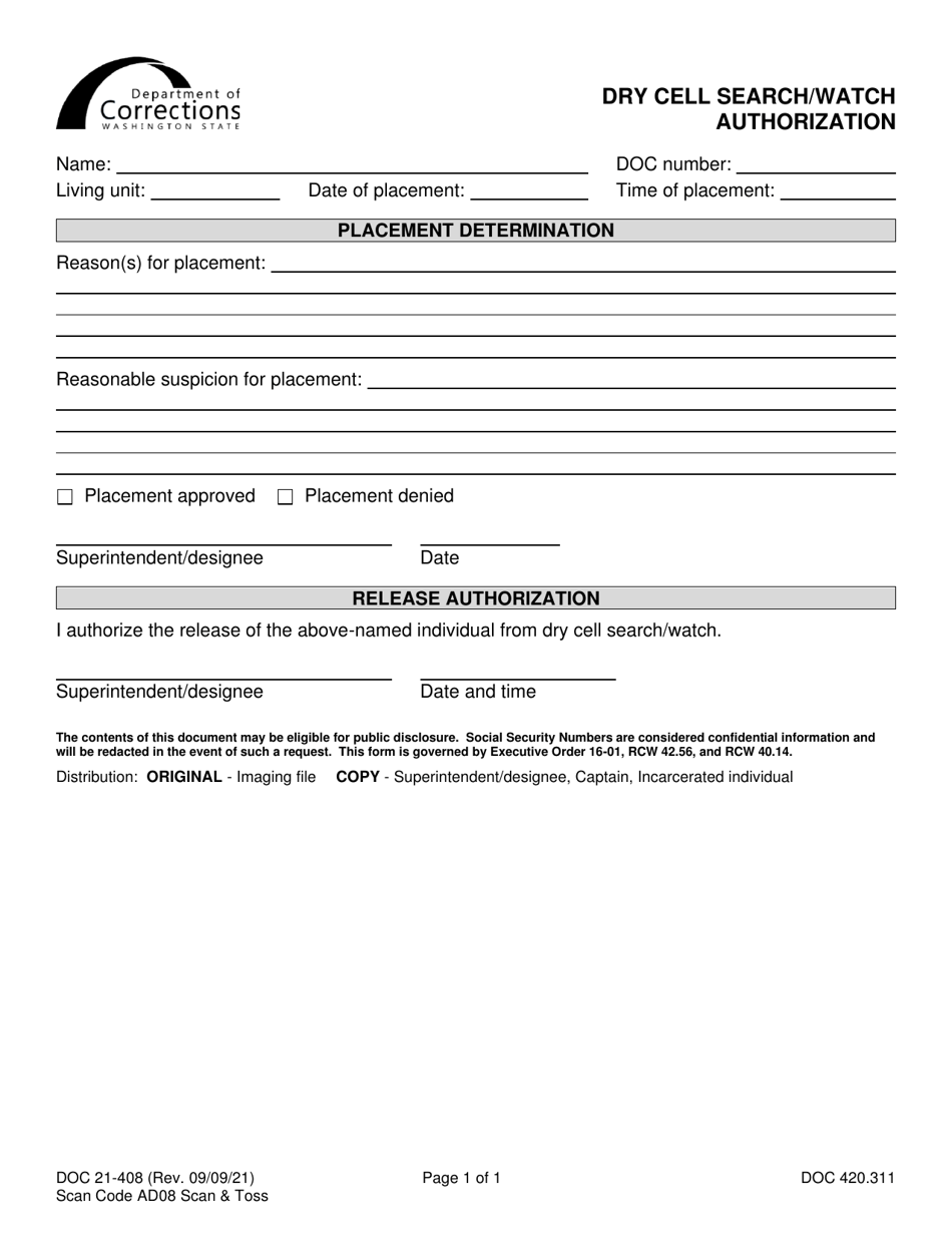 Form DOC21-408 Dry Cell Search / Watch Authorization - Washington, Page 1
