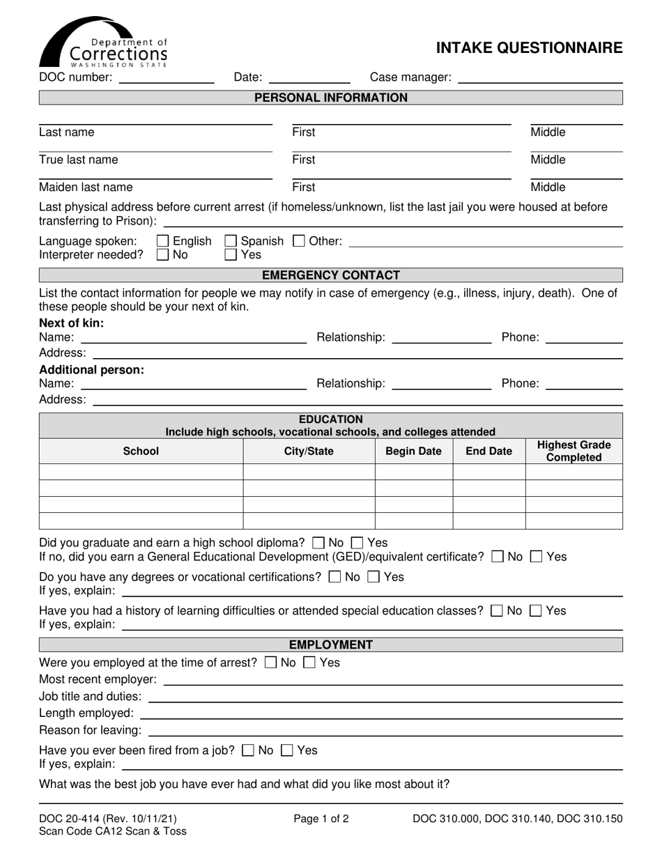 Form DOC20-414 Intake Questionnaire - Washington, Page 1