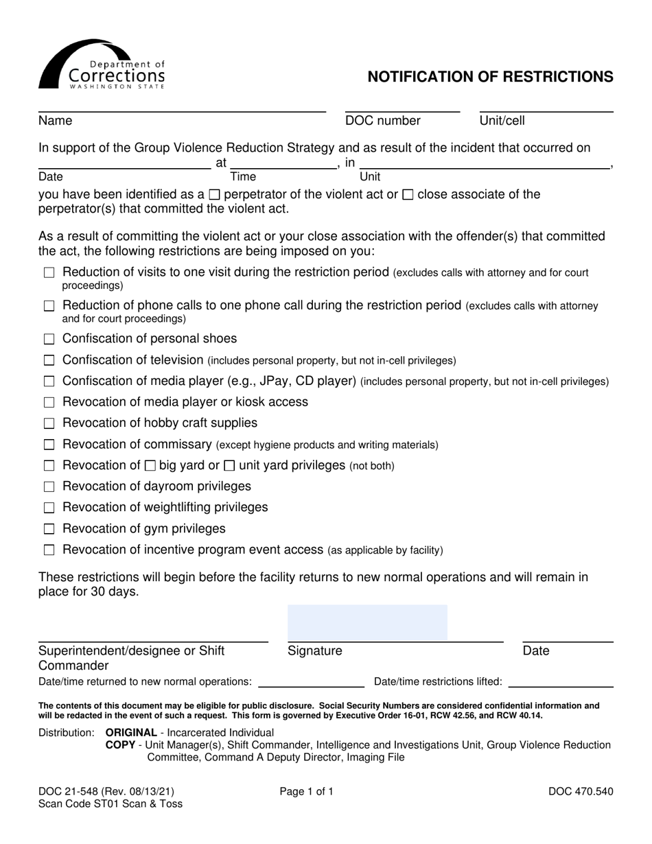 Form DOC21-548 Notification of Restrictions - Washington, Page 1