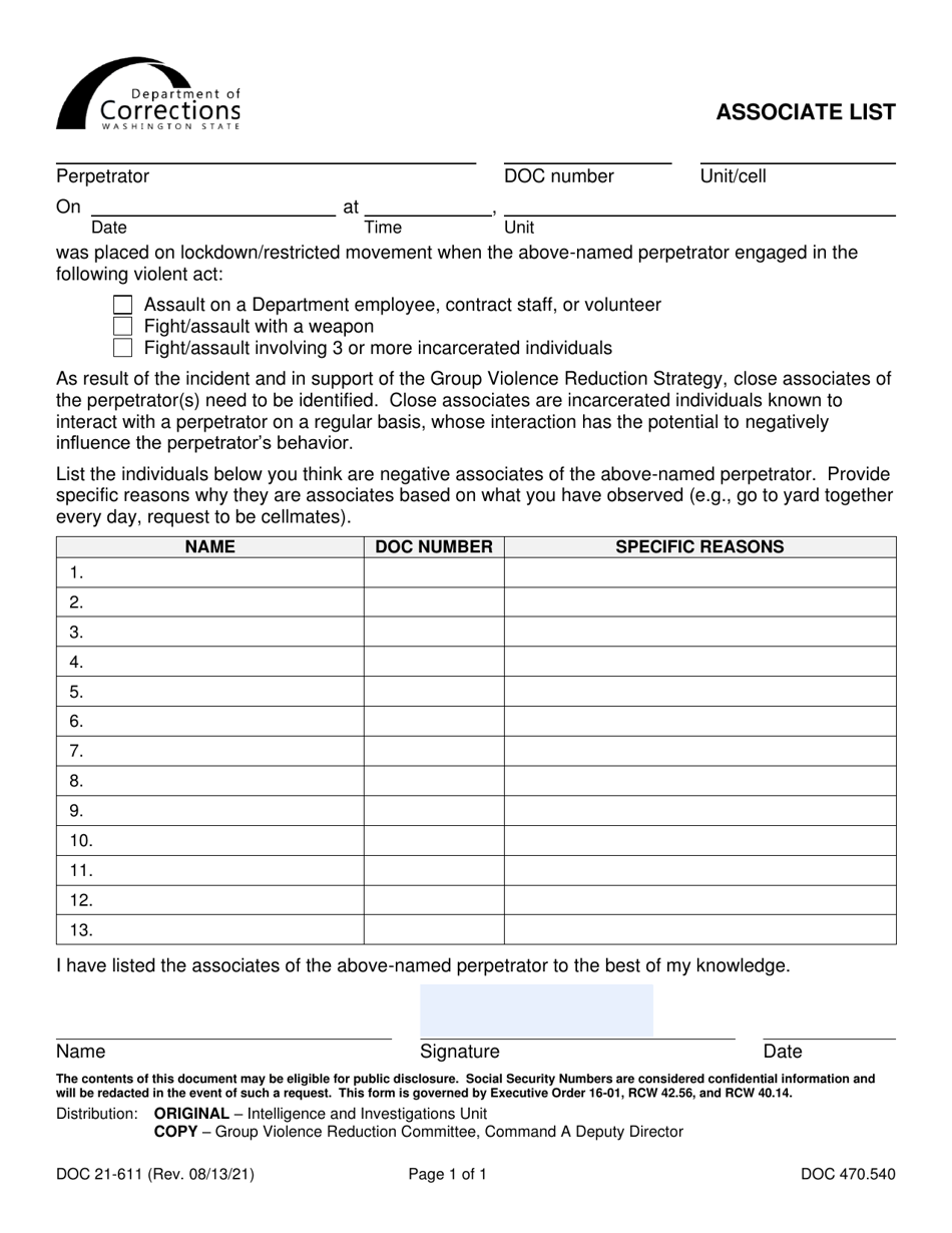 Form DOC21-611 Associate List - Washington, Page 1