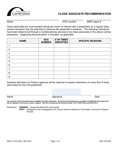 Form DOC21-616  Printable Pdf
