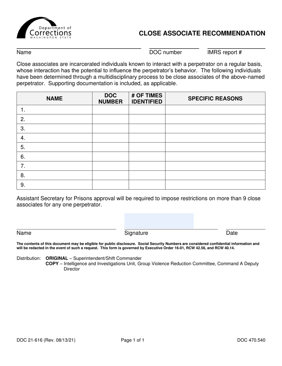 Form DOC21-616 Close Associate Recommendation - Washington, Page 1