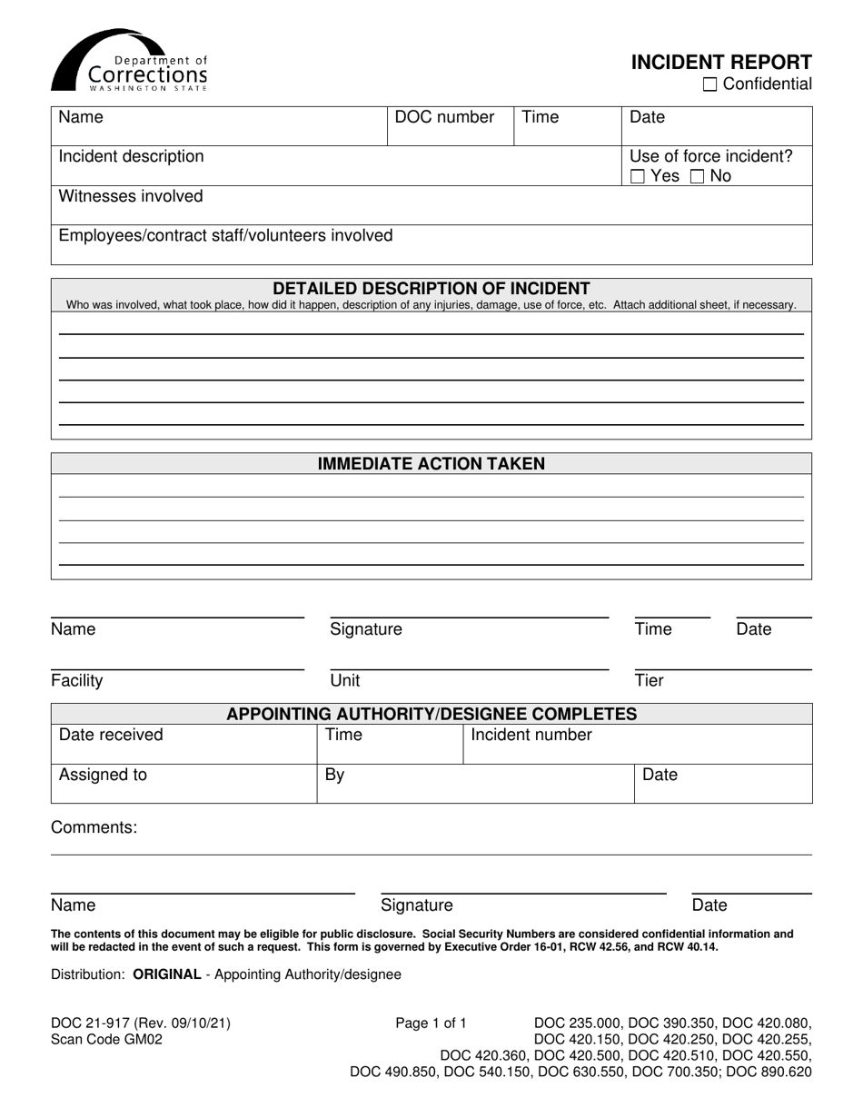 Form DOC21-917 Download Printable PDF or Fill Online Incident Report ...