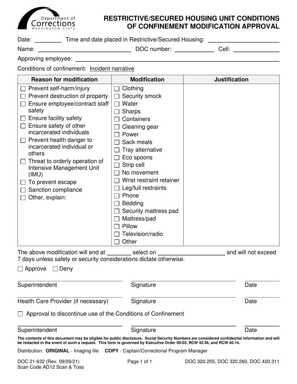 Form DOC21-632 Restrictive / Secured Housing Unit Conditions of Confinement Modification Approval - Washington, Page 1